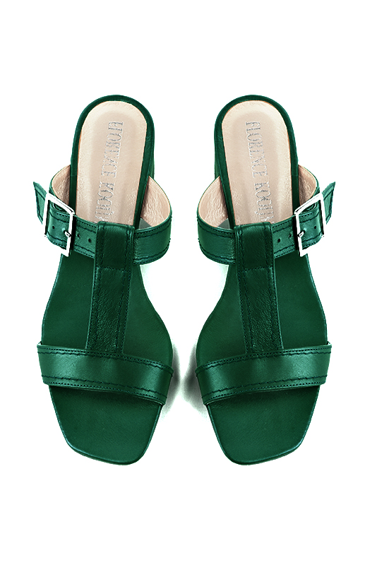 Emerald green women's fully open mule sandals. Square toe. Low flare heels. Top view - Florence KOOIJMAN